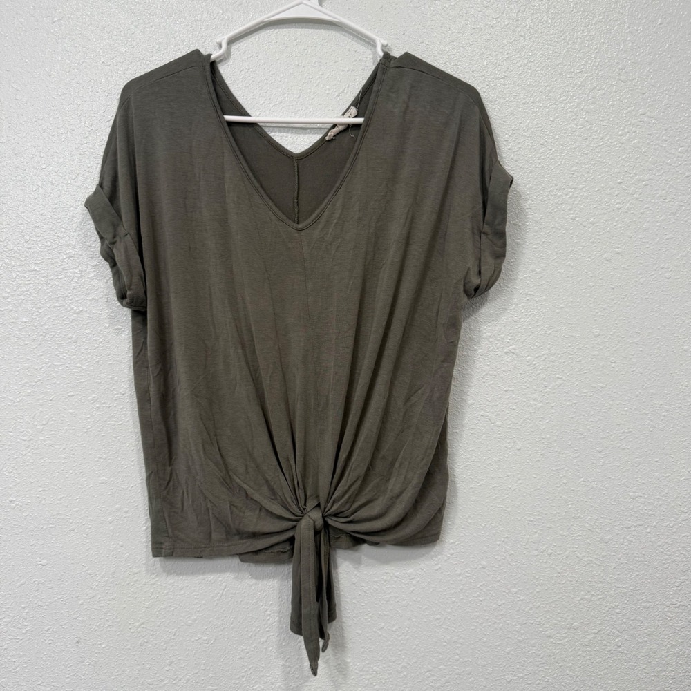 Wasabi Mint Women Olive Green V-Neck Front Tie Knot Short Sleeve Top Small